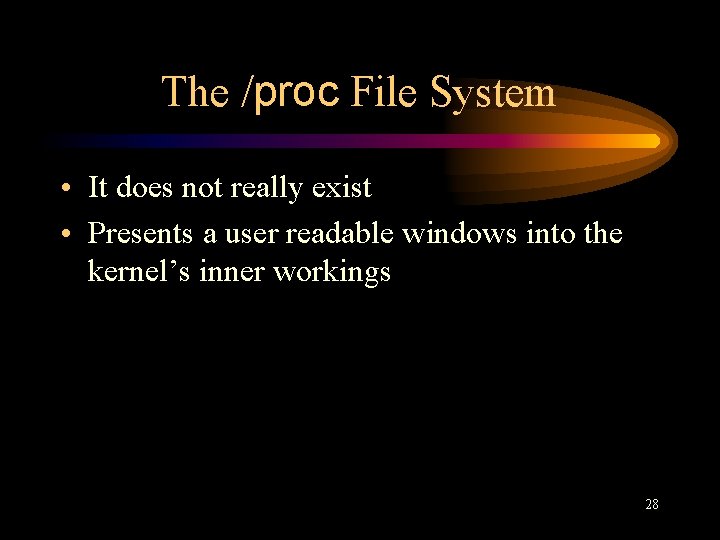 The /proc File System • It does not really exist • Presents a user