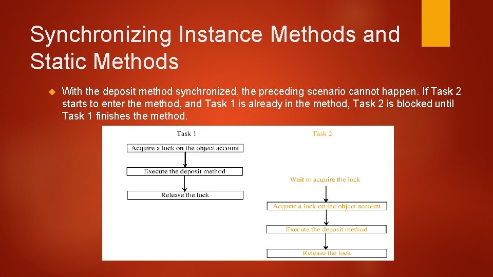 Synchronizing Instance Methods and Static Methods With the deposit method synchronized, the preceding scenario Synchronizing Instance Methods and Static Methods With the deposit method synchronized, the preceding scenario