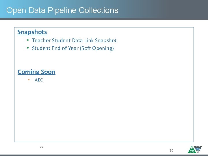 Open Data Pipeline Collections Snapshots • Teacher Student Data Link Snapshot • Student End