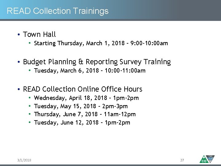 READ Collection Trainings • Town Hall • Starting Thursday, March 1, 2018 – 9: