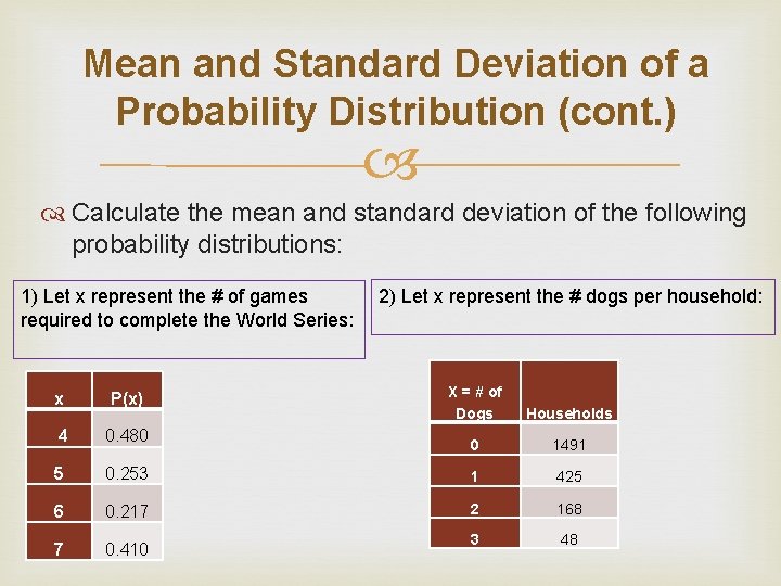 Mean and Standard Deviation of a Probability Distribution (cont. ) Calculate the mean and