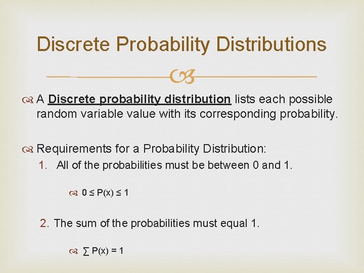 Discrete Probability Distributions A Discrete probability distribution lists each possible random variable value with