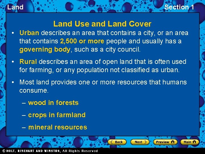 Land Section 1 Land Use and Land Cover • Urban describes an area that