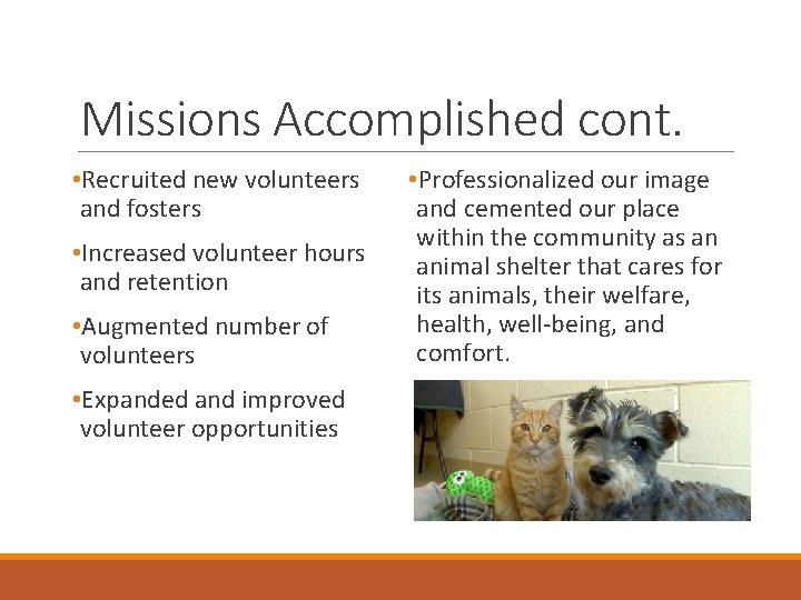 Missions Accomplished cont. • Recruited new volunteers and fosters • Increased volunteer hours and