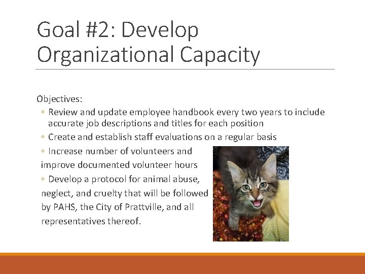 Goal #2: Develop Organizational Capacity Objectives: ◦ Review and update employee handbook every two