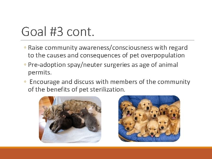 Goal #3 cont. ◦ Raise community awareness/consciousness with regard to the causes and consequences