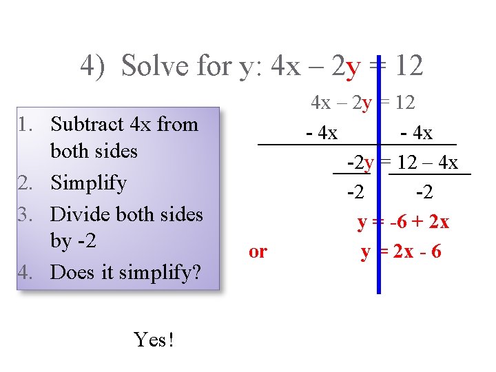 4) Solve for y: 4 x – 2 y = 12 1. Subtract 4