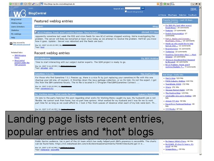 Landing page lists recent entries, popular entries and *hot* blogs 