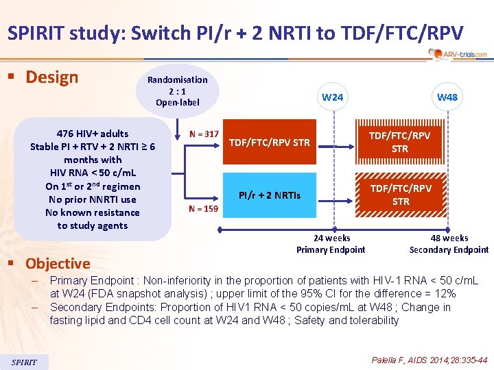 SPIRIT study: Switch PI/r + 2 NRTI to TDF/FTC/RPV § Design Randomisation 2: 1