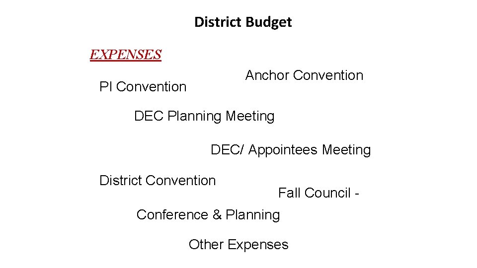 District Budget EXPENSES Anchor Convention PI Convention DEC Planning Meeting DEC/ Appointees Meeting District