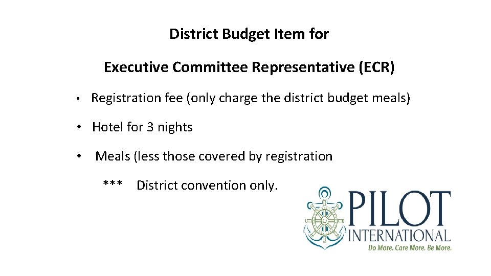 District Budget Item for Executive Committee Representative (ECR) • Registration fee (only charge the