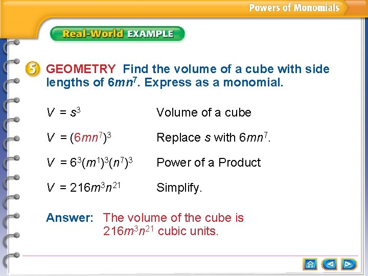 GEOMETRY Find the volume of a cube with side lengths of 6 mn 7.