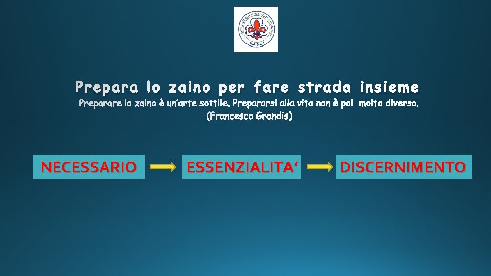 Prepara lo zaino per fare strada insieme NECESSARIO ESSENZIALITA’ ESSENZIALITA DISCERNIMENTO 