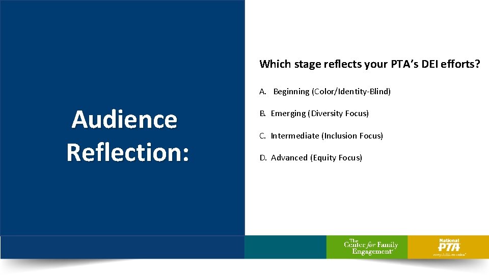 Which stage reflects your PTA’s DEI efforts? A. Beginning (Color/Identity-Blind) Audience Reflection: B. Emerging