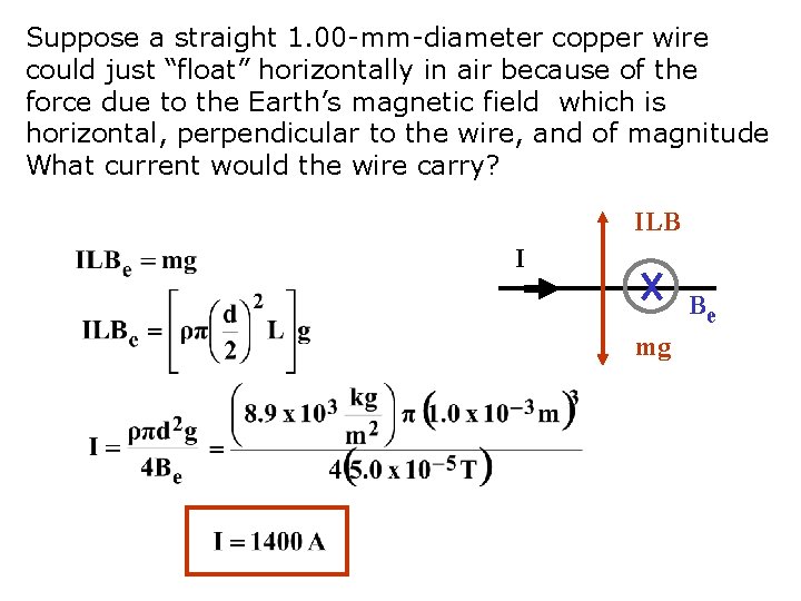 Suppose a straight 1. 00 -mm-diameter copper wire could just “float” horizontally in air Suppose a straight 1. 00 -mm-diameter copper wire could just “float” horizontally in air