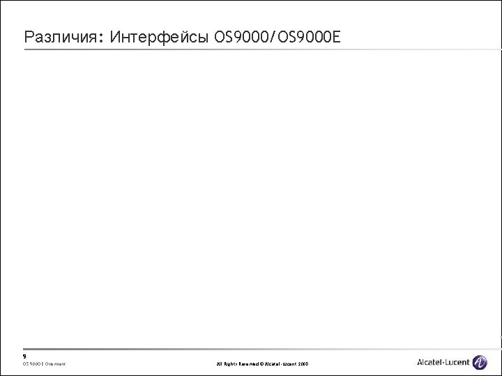 Различия: Интерфейсы OS 9000/OS 9000 E 9 OS 900 OE Overview All Rights Reserved