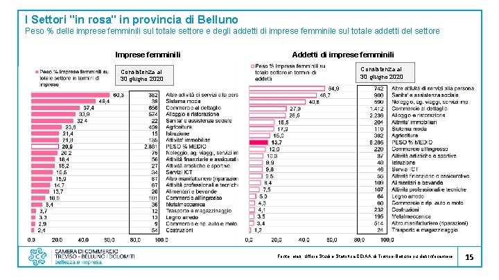I Settori "in rosa" in provincia di Belluno Peso % delle imprese femminili sul