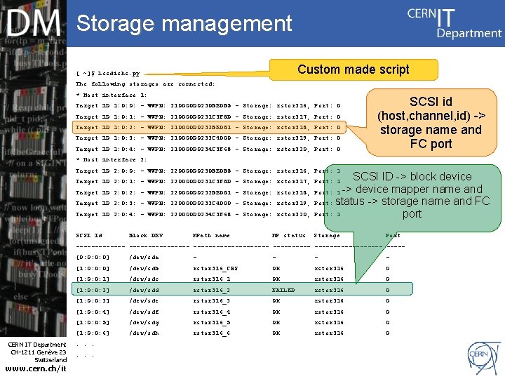 Storage management Custom made script [ ~]$ lssdisks. py The following storages are connected: