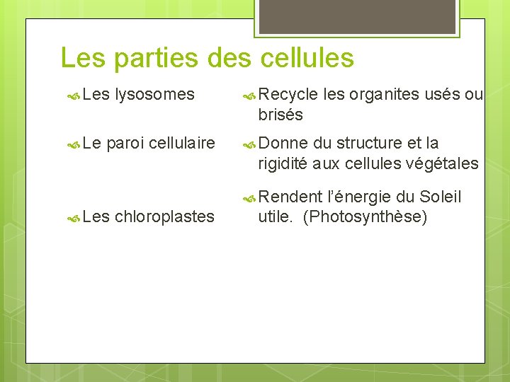 Les parties des cellules Les lysosomes Recycle les organites usés ou brisés Le paroi