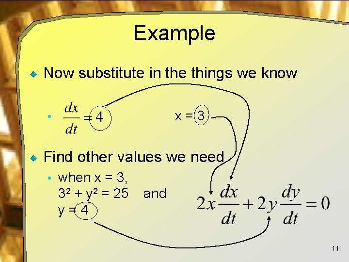 Example Now substitute in the things we know x=3 • Find other values we