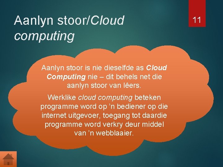 Aanlyn stoor/Cloud computing Aanlyn stoor is nie dieselfde as Cloud Computing nie – dit