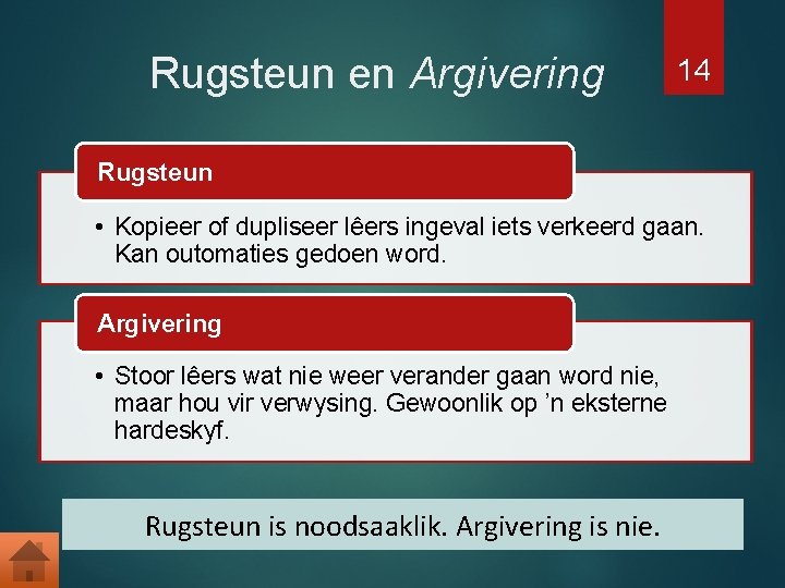 Rugsteun en Argivering 14 Rugsteun • Kopieer of dupliseer lêers ingeval iets verkeerd gaan.