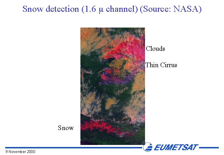 Snow detection (1. 6 µ channel) (Source: NASA) Clouds Thin Cirrus Snow 9 November