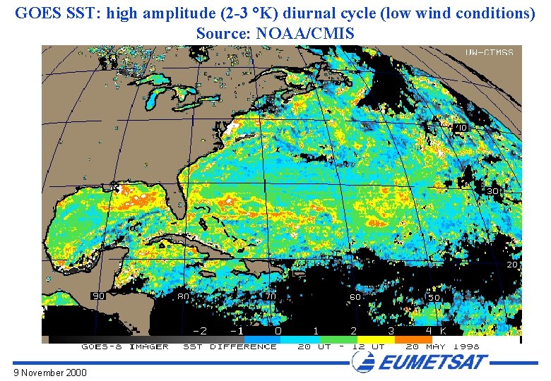 GOES SST: high amplitude (2 -3 °K) diurnal cycle (low wind conditions) Source: NOAA/CMIS