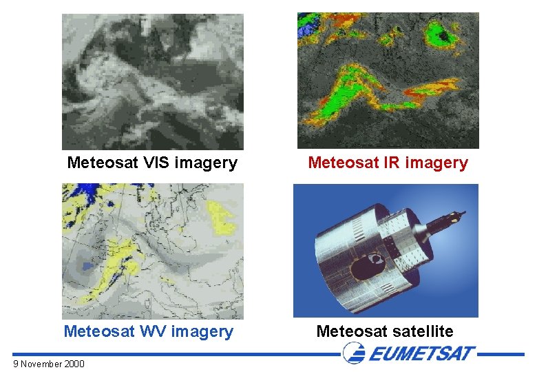 Meteosat VIS imagery Meteosat IR imagery Meteosat WV imagery Meteosat satellite 9 November 2000