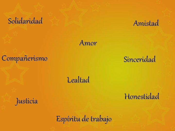 Solidaridad Amistad Amor Compañerismo Sinceridad Lealtad Honestidad Justicia Espíritu de trabajo 