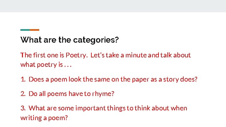 What are the categories? The first one is Poetry. Let’s take a minute and