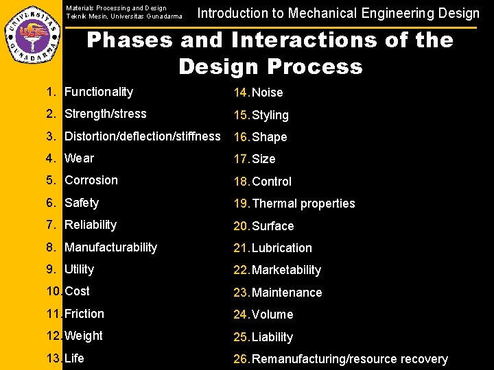 Materials Processing and Design Teknik Mesin, Universitas Gunadarma Introduction to Mechanical Engineering Design Phases