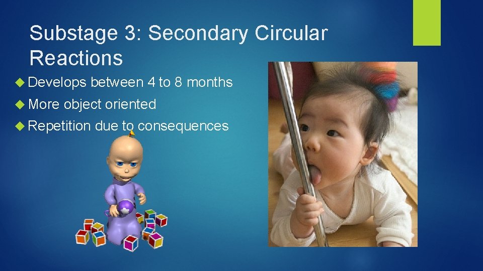 Substage 3: Secondary Circular Reactions Develops More between 4 to 8 months object oriented