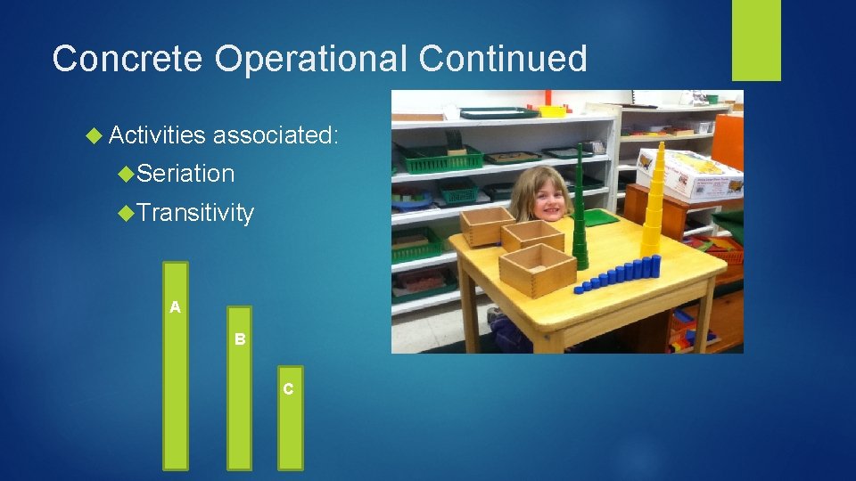 Concrete Operational Continued Activities associated: Seriation Transitivity A B C 