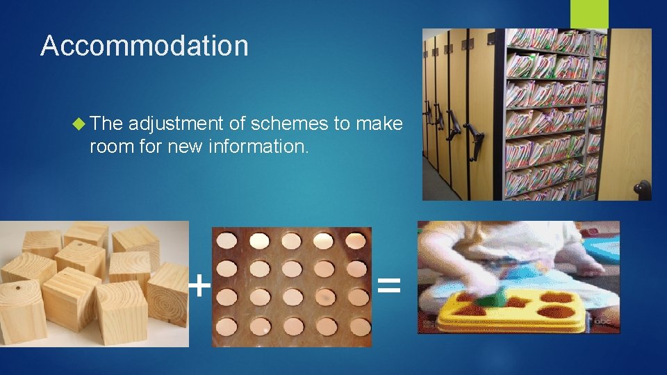 Accommodation The adjustment of schemes to make room for new information. + = 