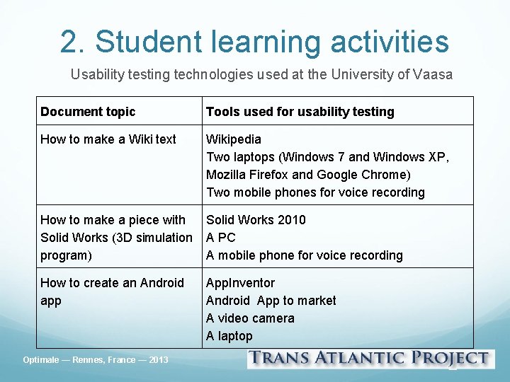 2. Student learning activities Usability testing technologies used at the University of Vaasa Document