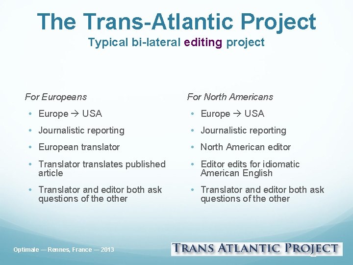 The Trans-Atlantic Project Typical bi-lateral editing project For Europeans For North Americans • Europe