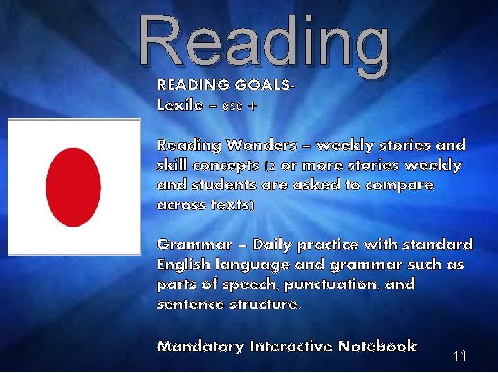 Reading READING GOALSLexile – 850 + Reading Wonders – weekly stories and skill concepts