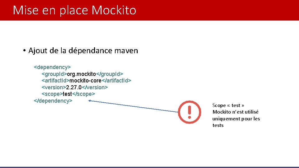 Mise en place Mockito • Ajout de la dépendance maven <dependency> <group. Id>org. mockito</group.