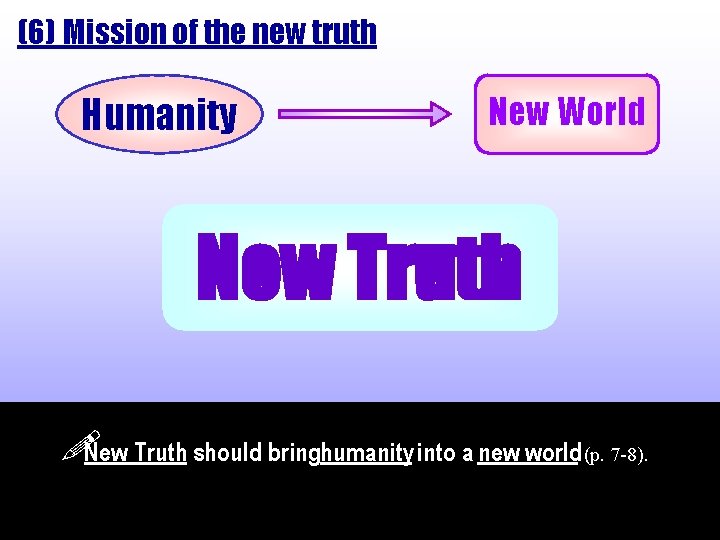 (6) Mission of the new truth Humanity New World New Truth should bringhumanity into