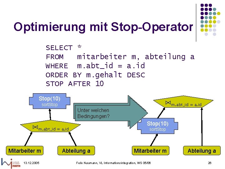 Optimierung mit Stop-Operator SELECT * FROM mitarbeiter m, abteilung a WHERE m. abt_id =