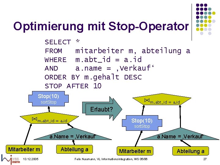 Optimierung mit Stop-Operator SELECT * FROM mitarbeiter m, abteilung a WHERE m. abt_id =