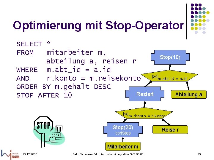 Optimierung mit Stop-Operator SELECT * FROM mitarbeiter m, Stop(10) abteilung a, reisen r WHERE