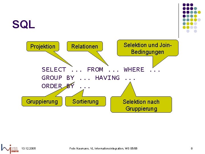 SQL Projektion Relationen Selektion und Join. Bedingungen SELECT. . . FROM. . . WHERE.