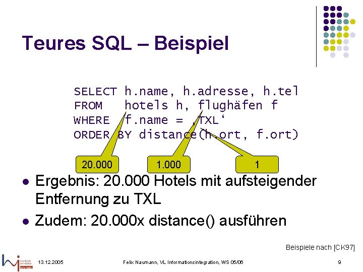 Teures SQL – Beispiel SELECT h. name, h. adresse, h. tel FROM hotels h,