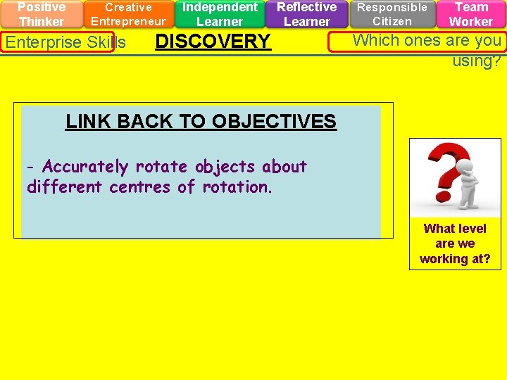 Positive Thinker Creative Entrepreneur Enterprise Skills Independent Learner Reflective Learner DISCOVERY Responsible Citizen Team
