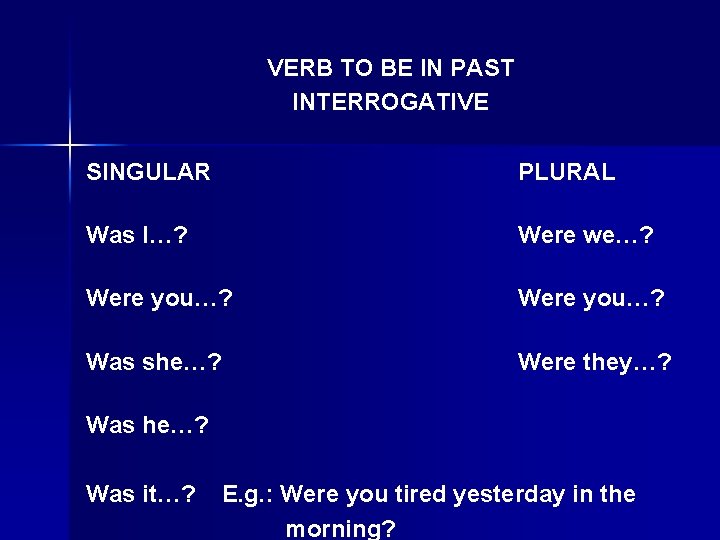 VERB TO BE IN PAST INTERROGATIVE SINGULAR PLURAL Was I…? Were we…? Were you…?