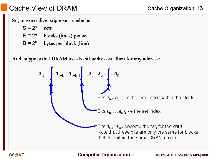 Cache View of DRAM Cache Organization 13 So, to generalize, suppose a cache has: