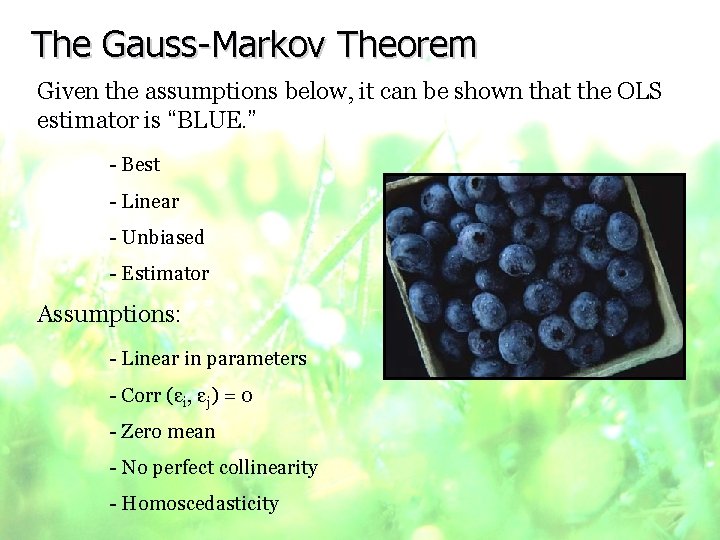 The Gauss-Markov Theorem Given the assumptions below, it can be shown that the OLS