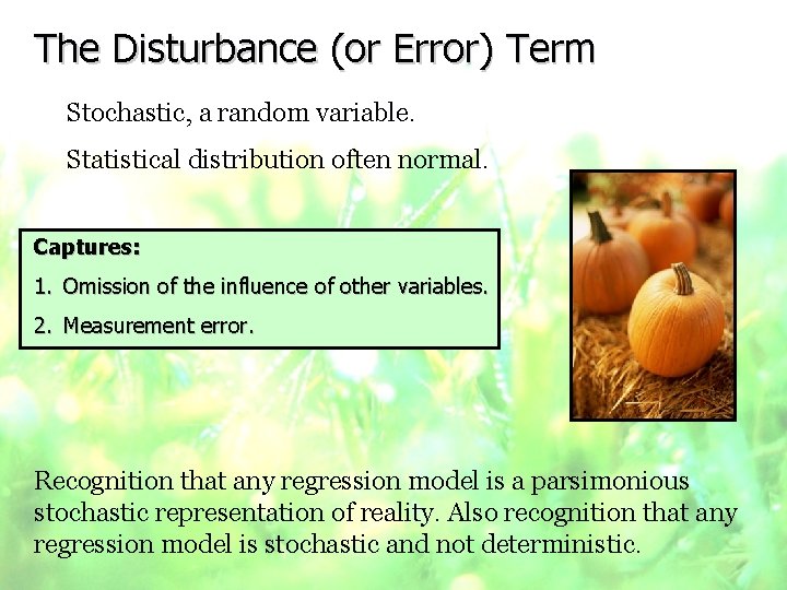 The Disturbance (or Error) Term Stochastic, a random variable. Statistical distribution often normal. Captures:
